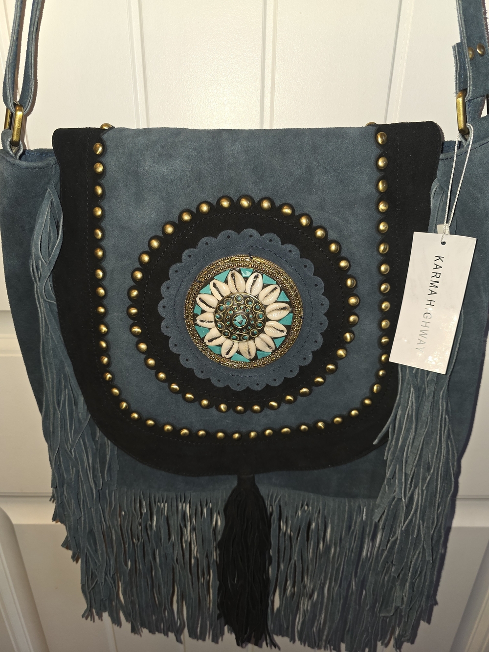 KARMAH HIGHWAY Teal Suede Fringe Crossbody with Decorative Medallion
